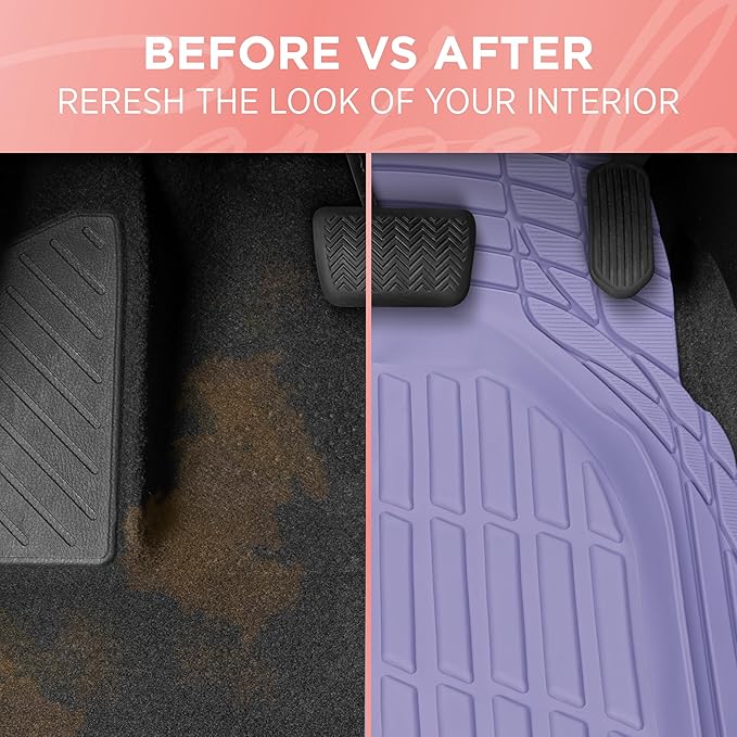 CARBELLA Rubber 4-Piece Purple Car Floor Mats - Universal Trim To Fit All Weather Purple Car Accessories - Girl Car Accessories for Women & Cute Car Mats for Women Lavender Girly Car Decor Truck & SUV