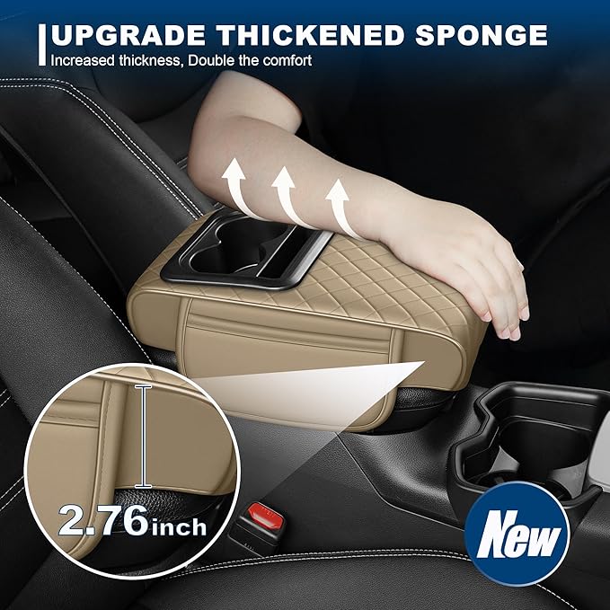 Car Center Console Cover Fit for Volkswagen CC Faux Leather Auto Armrest Box Cover with Cup Holder & Phone Holder Waterproof Leather Armrest Protector Cushion(Beige)