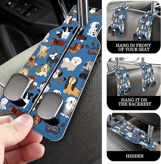 AXRQLSU PU Leather Car Seat Hook, Storage Headrest Hanger, Cute Car Backseat Organizer, Car Hooks for Purses and Bags Blue Cute Dogs