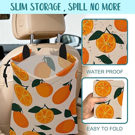 KXWQTRDD Car Trash Bag Vintage Orange Green Leaves Leak-Proof Car Garbage Bag with Drawstring Foldable Canvas Trash Bin with Adjustable Buckle for Car Accessories, Travelling, Camping