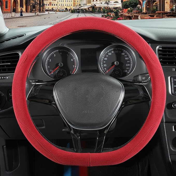 Red Suede D Shaped Steering Wheel Cover, Breathable Non-Slip Sweat-Proof Wear-Resistant No Pilling, Warm in Winter and Cool in Summer, Universal 15 inch