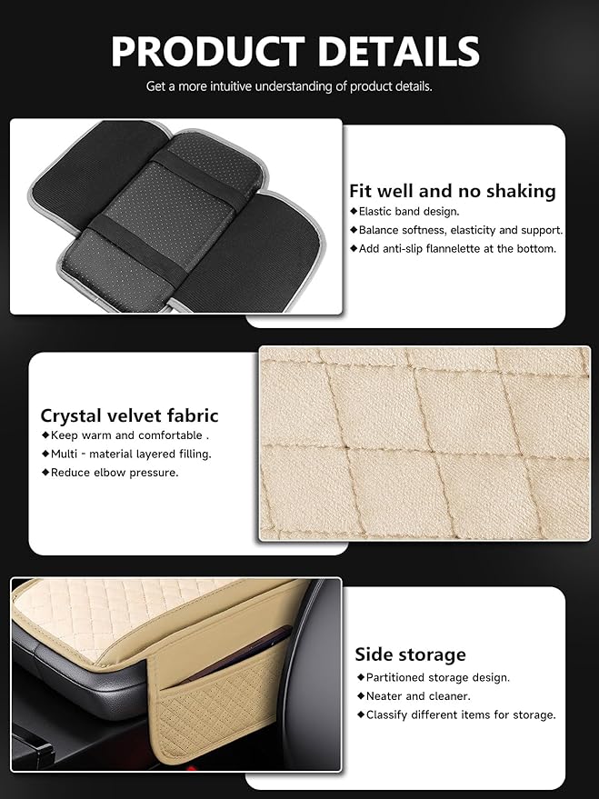 Cxtiy Car Center Console Cover, Microfiber Warm Soft Car Armrest Cover Cushion with 2 Storage Bags, Universal Armrest Storage Box Interior Accessories for Most Vehicles (Beige)