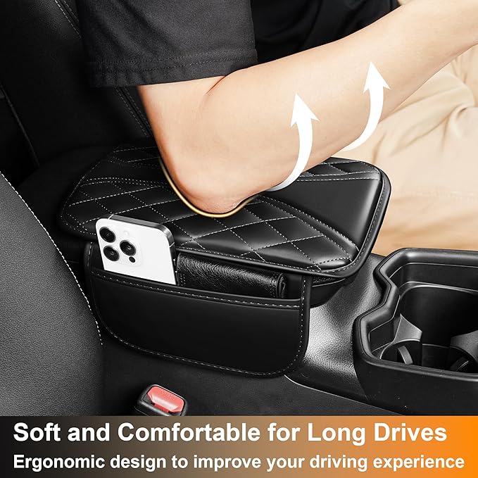 Car Armrest Cover Fit for Mazda CX-5 Console Armrest Protector with 2 Storage Pockets Quilted Leather Non-Slip Backing (Black)