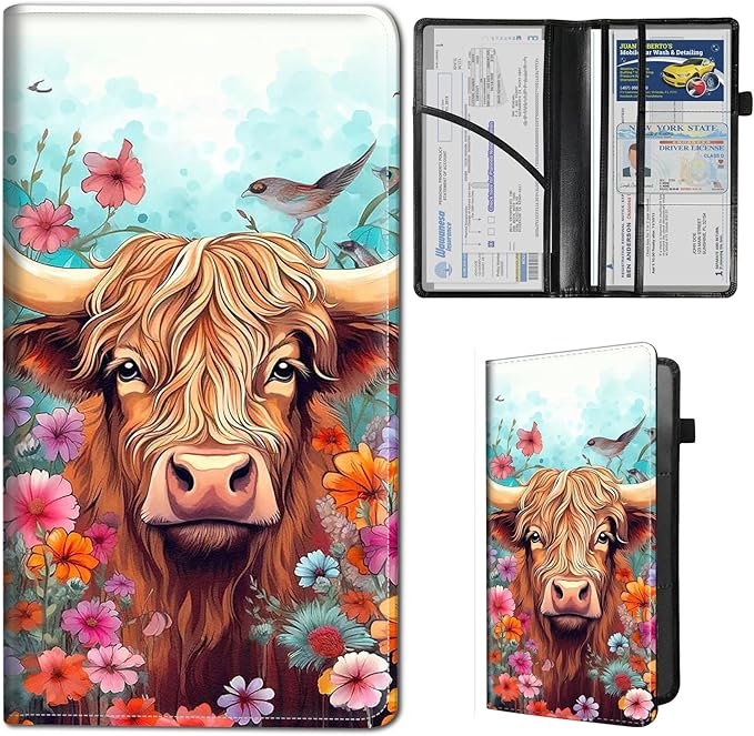 Qindaiwen Car Registration and Insurance Holder, Vehicle Card Document Elastic Band Closure Glove Box Organizer, Driver License Cards, Car Accessories for Essential Info, Cow Flowers