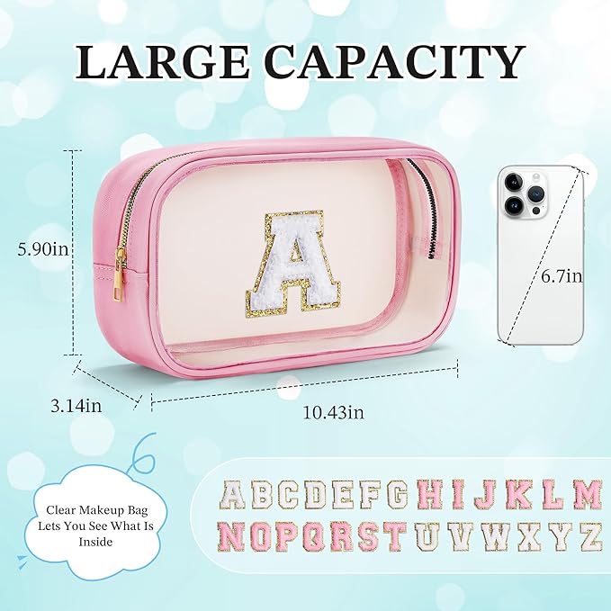 YOOLIFE Valentines Day Gifts for Teenage Girls Teacher Gifts Initial Clear Makeup Bag Birthday Gift Travel Toiletry Cosmetic Bags Birthday Gift Travel Essentials Pink A