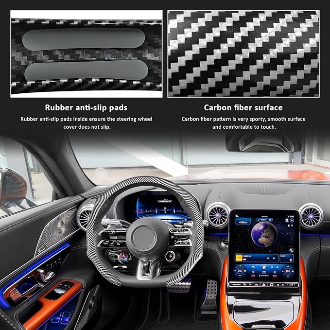 Sun Walker Carbon Fiber Car Steering Wheel Cover, 15" Anti-Slip Wear-Resistant Steering Wheel Protector Stylish Interior Decor, Ultra-Thin Comfortable Leather Wheel Cover for Women Men (Silver)