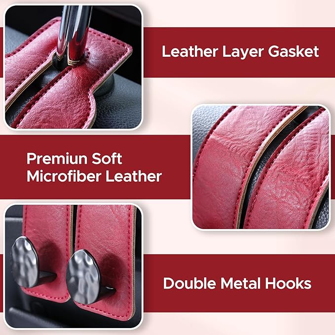 URIZZD 2PCS Leather Car Seat Hooks for Headrest, Vehicle Hanger Storage Organizer Universal for Handbag Purse, Car Accessories Gift (Red-Black)