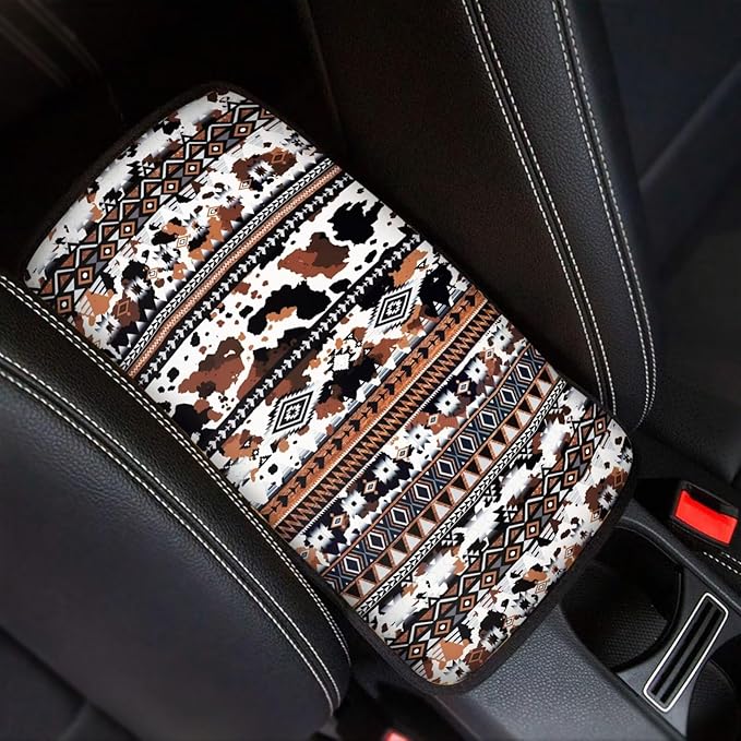 Horeset Aztec African Tribal Cow Print Center Console Armrest Cover for Men Women, Anti-Scratch Car Arm Rest Cover Pad Accessories Interior Decor