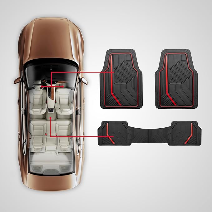 Dickies 3-Piece DuraSport Floor Mats, Heavy-Duty Mats for Cars, Trucks, SUVs — Black/Red