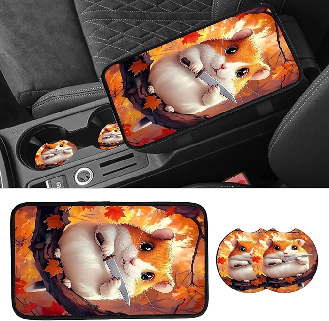JANENFNA Car Armrest Cover Pads Universal Fashion Cute Auto Center Console Armrest Cover Pad with 2PCS Car Coasters Soft Waterproof Car Armrest Seat Protector for Women,Cate Hamster