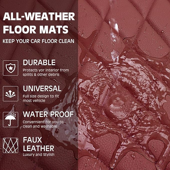 CAR PASS Luxury Faux Leather Floor Mats for Cars, Waterproof All Weather Car Mats Full Set, Anti-Slip Deluxe Automotive Floor Mats Universal Fit for Most SUV,Vans,Sedans,Trucks, 4 Piece Burgundy Red