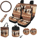 Horse Aztec Printed Car Accessories Sets for Women, Universal Front and Rear Split Bench Seat Covers for Cars with Matching Steering Wheel Cover Trash Can Air Vent Storage Bag Coaster