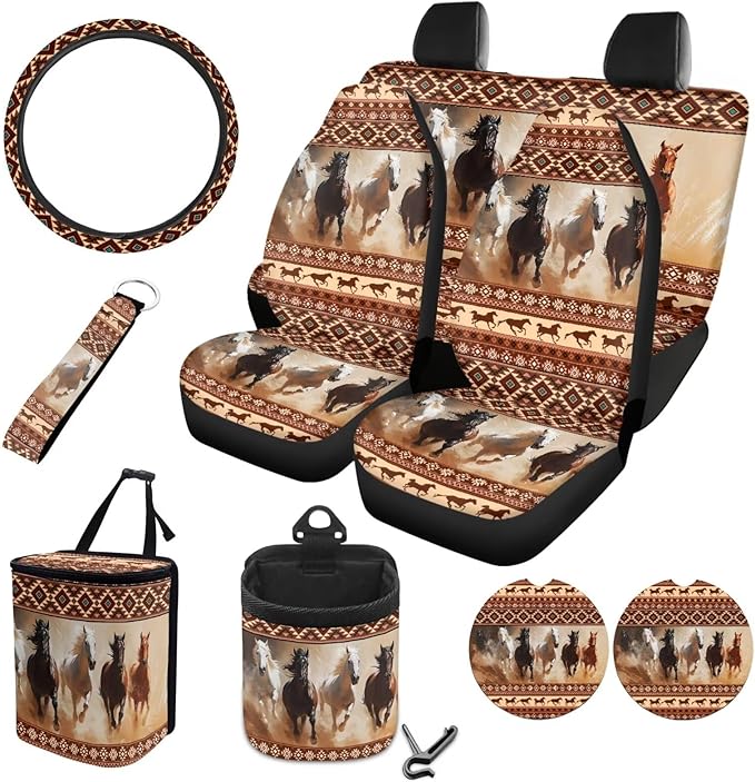 Horse Aztec Printed Car Accessories Sets for Women, Universal Front and Rear Split Bench Seat Covers for Cars with Matching Steering Wheel Cover Trash Can Air Vent Storage Bag Coaster
