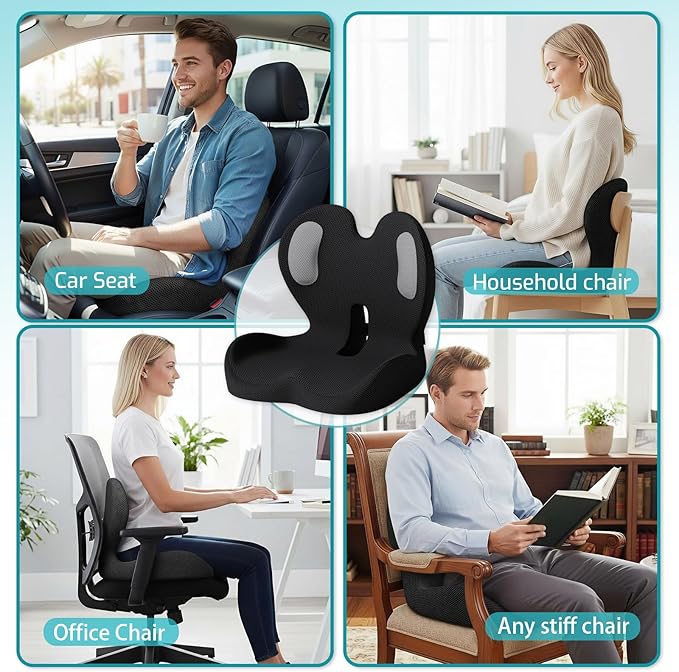 Memory Foam Seat Cushion with Lumbar Support Pillow,Office Chair Cushion,Ergonomic Car Seat Cushion,Designed for Tailbone,Sciatica,Back Pain Relief,for Office,Car,Truck,Desk Chair (Black Mesh Cloth)