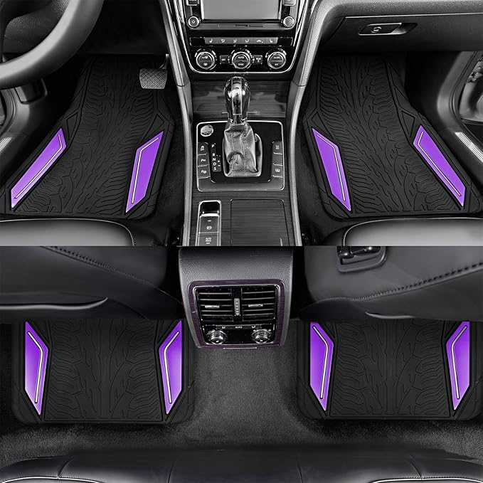 PIC AUTO Rubber Floor Mats, Purple Aluminum Film with Colorful Piping Floor Mats for Cars, Car Mats with Non-Slip Backing, All-Weather Protection, Trim-to-Fit Liner for Cars, SUVs, Trucks, Vehicles