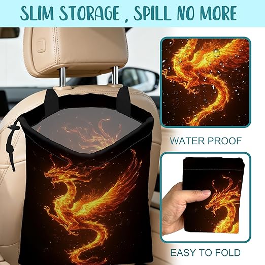 KXWQTRDD Car Trash Bag Dragon Fire Leak-Proof Car Garbage Bag with Drawstring Foldable Canvas Trash Bin with Adjustable Buckle for Car Accessories, Travelling, Camping