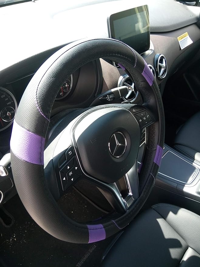 Jdragon Black & Purple PU Leather Best Grip Slip-On Steering Wheel Cover 14.25-15" Diameter