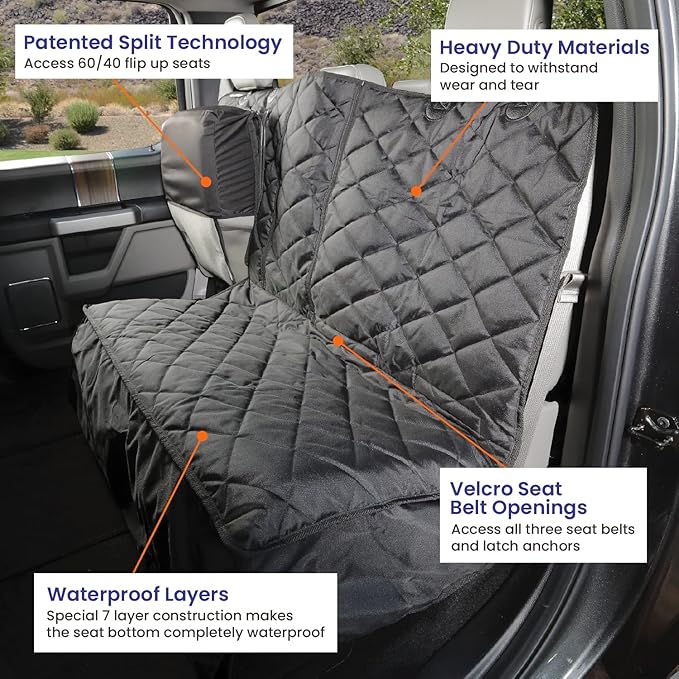 4Knines Bench Seat Covers for Trucks with Dog Hammock & Split-Tech - Rear Seat Protector for Dogs Fits Full Size Crew Cab with Split Bench Seats - Waterproof Dog Seat Cover (Passenger Side, Beige)