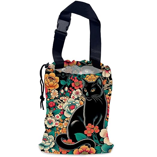 NHNXHWIA Black Cats Car Trash Bag,Tropical Flowers Hanging Drawstring Car Garbage Bag,Waterproof Canvas Car Back Seat Organizer with Adjustable Buckle,for Vehicles,SUVs,Camping,Road Trips