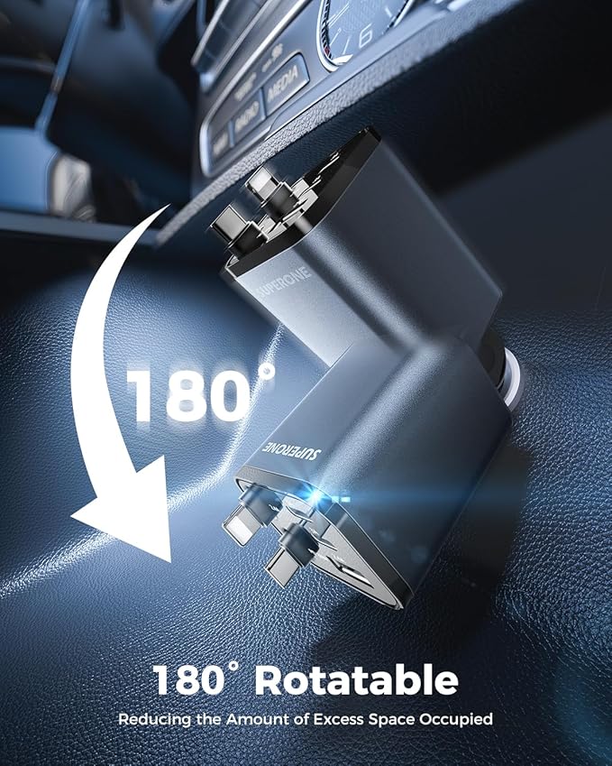 2025 Ultra-Compact SUPERONE Retractable Car Charger, 5 in 1 Car Phone Charger with Dual Cables, 84W Fast Charging USB C Car Accessories Adapter for iPhone 17/16/15/14/13/12/11, Galaxy, Pixel