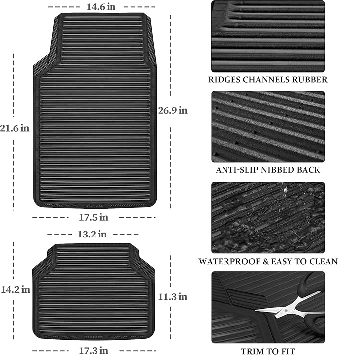 CAR PASS Rubber Floor Mats, All Weather Full Set 4-Piece, Waterproof Automotive Mats Trim to Fit Most Cars Sedans SUVs Vans, Heavy Duty Anti-Slip Easy Clean, All Black