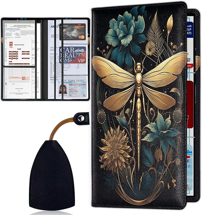 Car Document Holder with Magnetic Shut, Car Registration & Insurance Card Holder, Waterproof PU Leather Glove Box Organizer Vehicle Accessories Driver License for Women/Men, Dragonfly Art Pattern