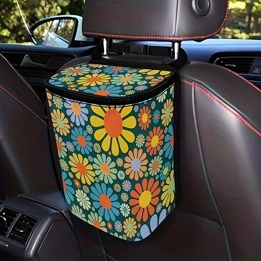 Vehicle Trash Can & Organizer – Leak-Resistant 5L Portable Garbage Bin with Lid & Pockets for SUV, Truck & Car | Collapsible & Washable (Vibrant Flowers)