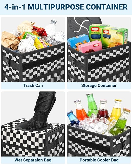 Capolo Car Trash Can with Lid, Leakproof Car Trash Bag Hanging Waterproof Automotive Garbage Can with Storage Pockets Mini Vehicle Trash Bin for Back/Front Seat(Corduroy Black Checkerboard,3 Gallon)