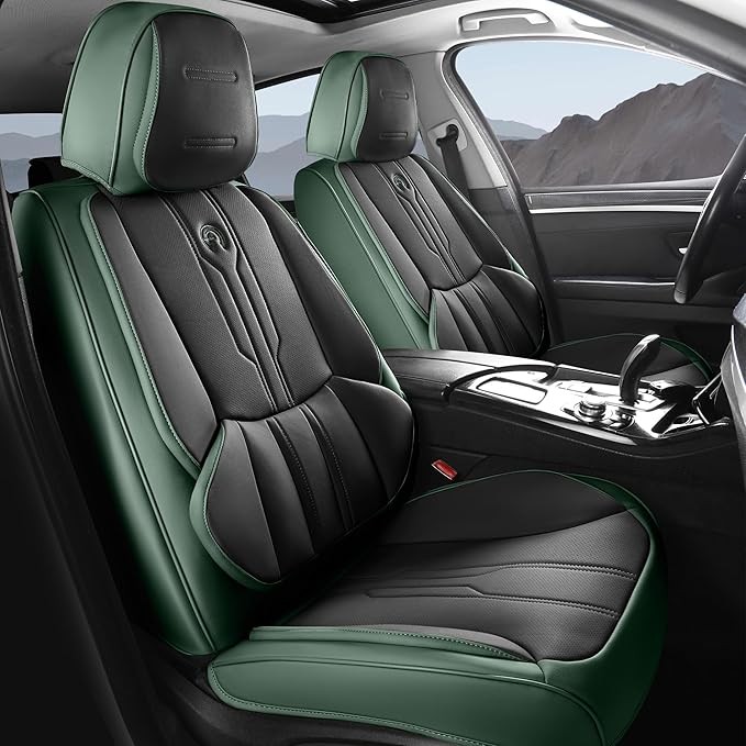 AOOG Front Seat Covers, Car Seat Covers Front Seats, Leather Seat Covers for Cars, Waterproof Seat Covers with Lumbar Support Universal Fit for Most Cars SUV Trucks(Front Pair, Green&Black)