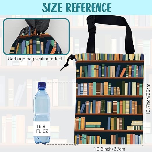 KXWQTRDD Car Trash Bag Books on Shelves Leak-Proof Car Garbage Bag with Drawstring Foldable Canvas Trash Bin with Adjustable Buckle for Car Accessories