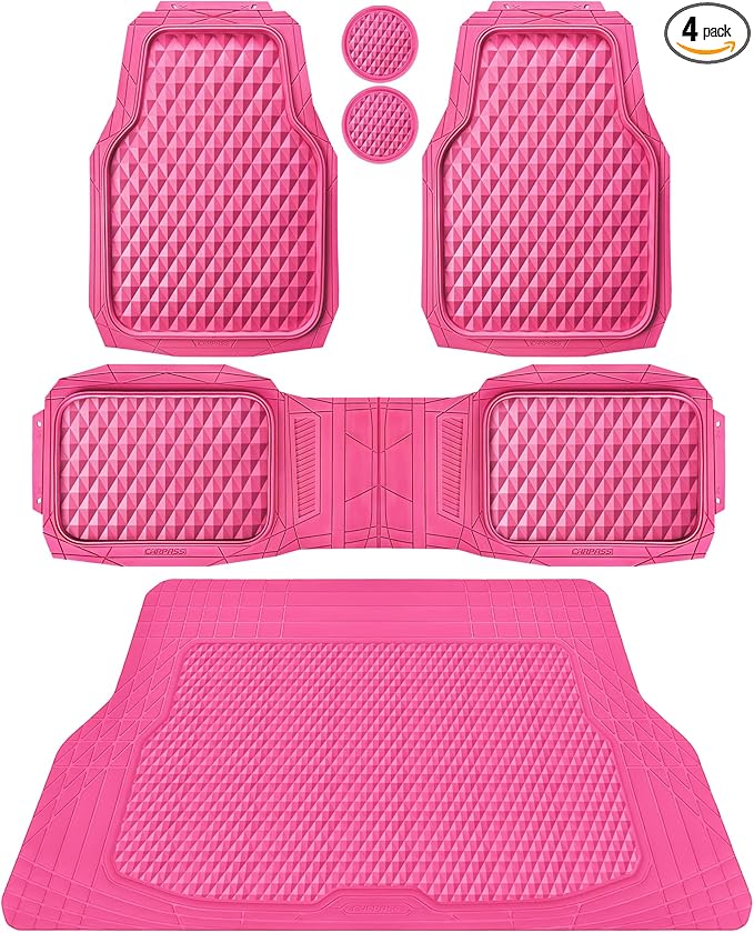 CAR PASS Heavy Duty Rubber Hot Pink Car Floor Mats & Cargo Liners, Deep Dish All-Weather Trunk Mats Durable Anti-Slip 3D Rhombus Waterproof Trim to Fit Liner Universal Fit Auto,Sedan,SUV,Truck, Pink