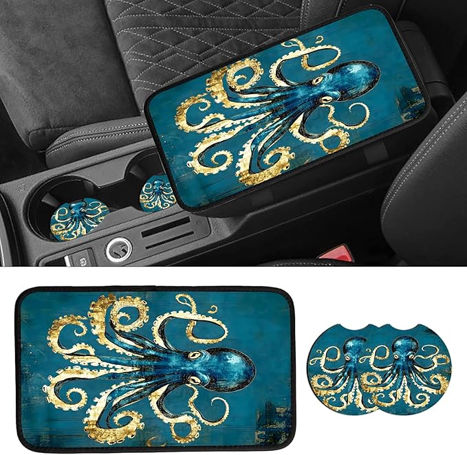 JANENFNA Car Armrest Cover Pads Universal Fashion Cute Auto Center Console Armrest Cover Pad with 2PCS Car Coasters Soft Waterproof Car Armrest Seat Protector for Women,Blue Gold Octopus