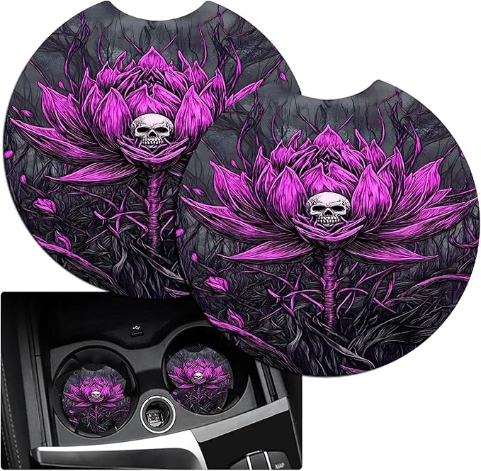JANENFNA Car Armrest Cover Pads Universal Fashion Cute Auto Center Console Armrest Cover Pad with 2PCS Car Coasters Soft Waterproof Car Armrest Seat Protector for Women,Pink Flower Skull