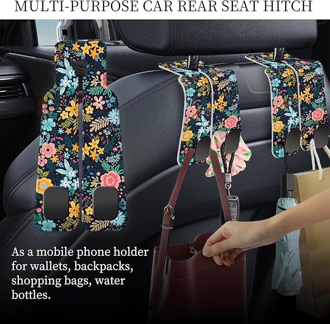AXRQLSU PU Leather Car Seat Hook, Storage Headrest Hanger, Cute Car Backseat Organizer, Car Hooks For Purses and Bags Dark Floral Pattern