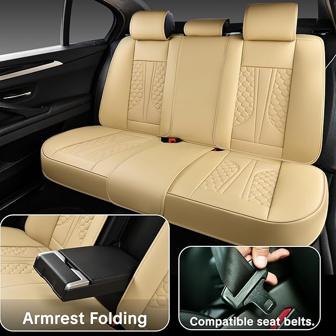 Wertigen Beige Leather Car Seat Covers - Luxury Waterproof Car Seat Protectors with Lumbar Support, Non-Slip Base, Airbag Compatibility, Easy Installation and Cleaning