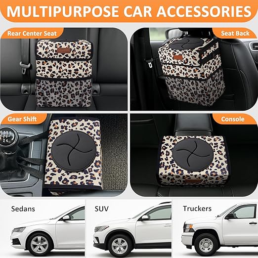 Vankor 3 Gallons Cute Car Trash Can, Car Accessories for Interior Leak Proof Can Trash Bag Hanging Waterproof Automotive Vehicle Garbage Cans Leopard Print Pattern