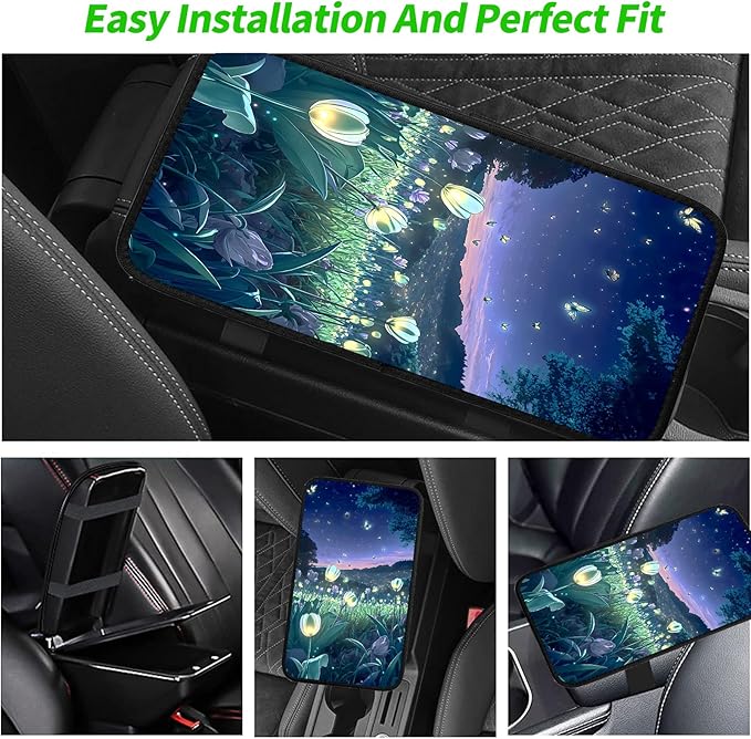 JANENFNA Car Armrest Cover Pads Universal Fashion Cute Auto Center Console Armrest Cover Pad with 2PCS Car Coasters Soft Waterproof Car Armrest Seat Protector for Women,Beautiful Flower Sea