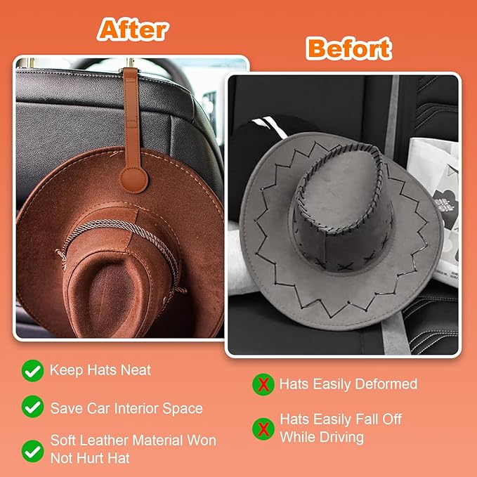 2 Pack Cowboy Hat Holder for Truck, Leather Magnetic Cap Clip, Truck Car Seat Hat Organizer Accessories for Men and Women, Suitable for Car, SUV, Pickup Seat Back Headrest Hat Clip Storage (Brown)