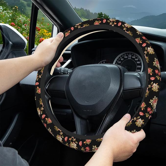 Watercolor Pink Hisbicus Steering Wheel Cover, Elastic Non-Slip Steering Wheel Protector,Auto Interior Decor for Women Girls,Universal 15" Fit for Sedans,Trucks