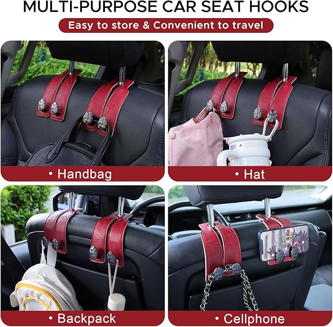 URIZZD 4 PCS Leather Car Seat Hooks for Headrest, Vehicle Hanger Storage Organizer Universal for Handbag Purse, Car Accessories Gift (Red-Black-4 PCS)