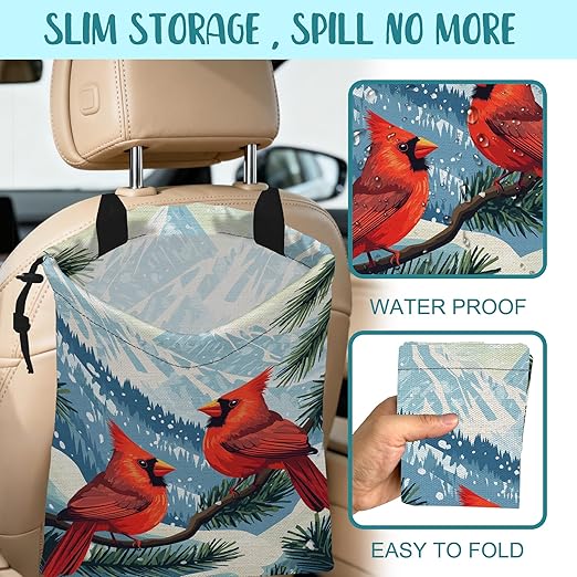 KXWQTRDD Red Cardinals Pine Branch Car Garbage Bag Snowy Mountain Hanging Canvas Car Trash Bag Drawstring Car Back Seat Organizer for Car Back Front Seat Console with Adjustable Buckle