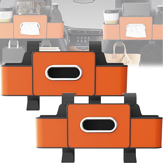 2026 Multifunctional Car Organizers and Storage Box with Drink Cup Holder Tissue Box, Backseat Organizers Hanging Storage for Hold Phone,Snacks, Drinks, Handbag, Most Vehicles (Orange-2)