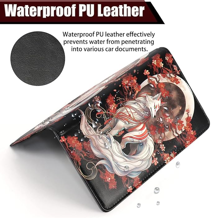 Car Registration and Insurance Holder, PU Leather Auto Document Holder for Men&Women, Vehicle Glove Box Compartment Organizer with Magnetic Shut for Driver's License, Sakura Nine Tailed Fox Animals