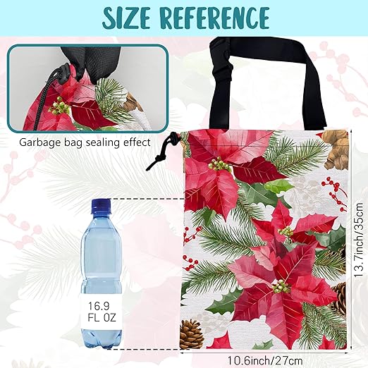 KXWQTRDD Car Garbage Bag Red Poinsettia Xmas Green Leaves Drawstring Car Trash Bag Hanging for Back Seat with Adjustable Buckle Canvas Vehicle Trash Can Easy-to-Install