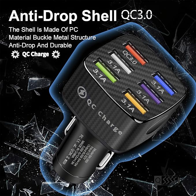 Amiss Car Charger Adapter, 6 USB Multi Port, Fast Charger, Include QC 3.0 and 5 Other Ports, Car Interior Accessories, Fit for iPhone 13/12/11/pro, Samsung Galaxy/Note S10/S9/S8 - Black（2PCS）