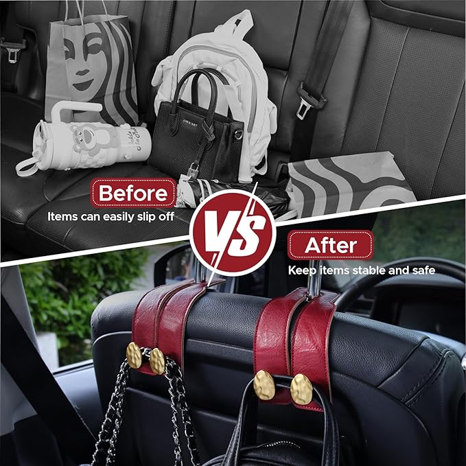 URIZZD 4 PCS Leather Car Seat Hooks for Headrest, Vehicle Hanger Storage Organizer Universal for Handbag Purse, Car Accessories Gift (Red-Gold-4 PCS)