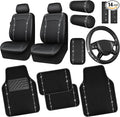 CAR PASS 14 PCS Bling Diamond Car Accessories Set for Women, Leather Seat Covers Front Seats Sparkly Rhinestone 15'' Steering Wheel Covers Shining Diamond Car Floor Mats Cute Interior Sets, Silver