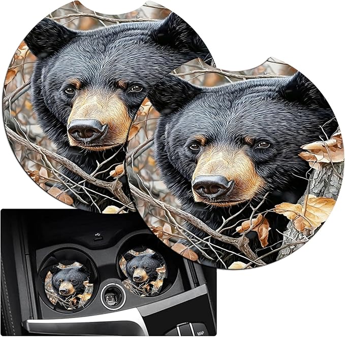 JANENFNA Car Armrest Cover Pads Universal Fashion Cute Auto Center Console Armrest Cover Pad with 2PCS Car Coasters Soft Waterproof Car Armrest Seat Protector for Women,Cute Black Bear