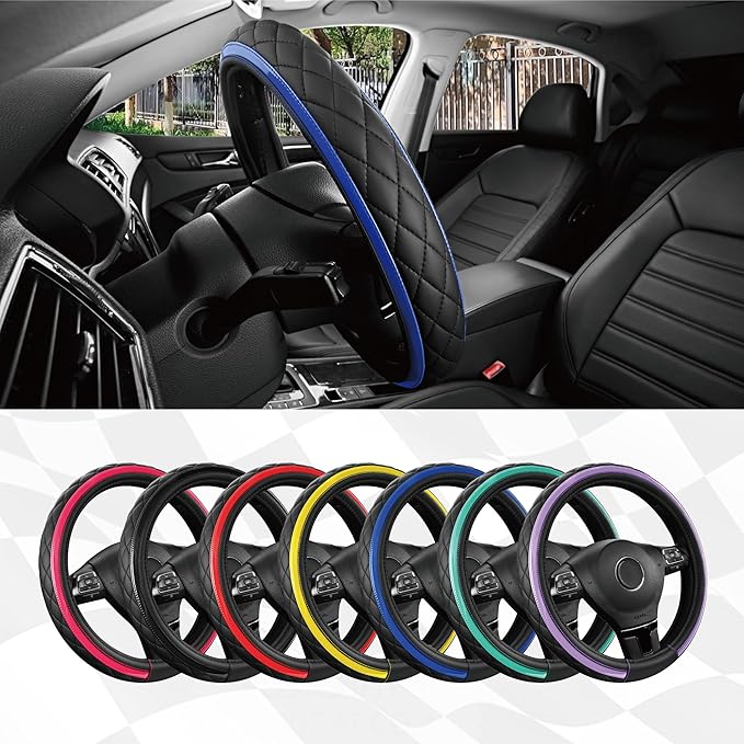 Road Comforts Leather Steering Wheel Cover – Black & Blue, Universal Fit 14.5-15 Inch, Microfiber Leather, Anti-Slip & Breathable Design for Men and Women