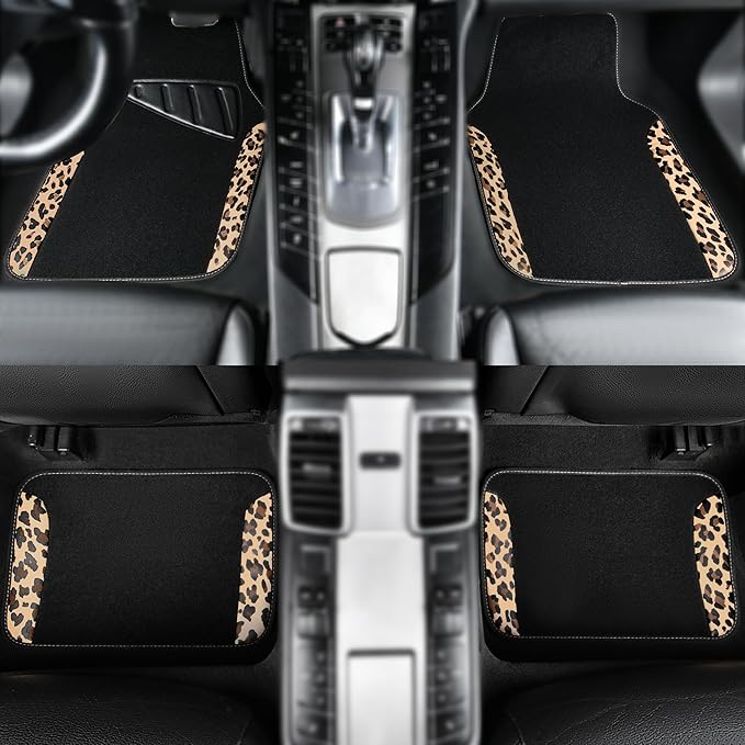 CAR PASS Waterproof Universal Fit Car Floor Mats, Leopard Print Car Mats Fit for SUV,Vans,sedans, Trucks,Set of 4pcs Car Carpet with Driver Heel Pad and Nibs Backing,for Cute Women Girl Brown Leopard